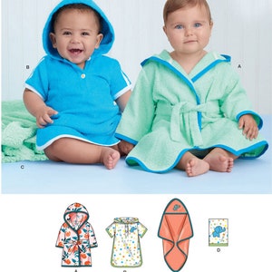 Op de afbeelding: Naai-patroon voor een badjas met capuchon, een badjas en een wikkel voor baby's. Het patroon omvat vier verschillende stijlen: een badjas met capuchon met korte mouwen, een badjas met een strikceintuur, een badjas met capuchon en een badjas met capuchon met een zak. Het patroon is geïllustreerd met een kleurrijk ontwerp.