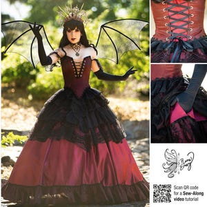 May include: A sewing pattern for a red and black gothic-style dress with a lace bodice, a full skirt, and a corset back. The pattern includes a QR code for a video tutorial.