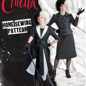 PADRÃO DE COSTURA DE TRAJE | Costurar roupa de carnaval de Halloween | Vestido Cruella De Vil Meninas Vilões da Disney | Tamanho 7 8 10 12 14 | Adolescente adolescente | 9345