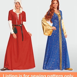 May include: Two sewing patterns for medieval-style dresses. The dress on the left is red with a white collar and short sleeves. The dress on the right is blue with gold trim and long sleeves.