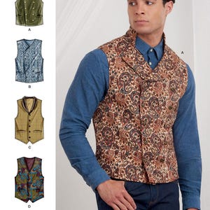 May include: A man models a paisley print waistcoat over a blue shirt and jeans. The image also shows illustrations of four different waistcoat designs. The text "easy-to-sew" is at the top, and "Listing is for sewing pattern only" is at the bottom.