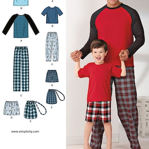 Peut inclure: Un patron de couture pour réaliser des pyjamas assortis pour adultes et enfants. Le patron comprend un haut à manches longues avec une manche raglan, un pantalon et un short. Le patron est disponible dans une variété de tailles.