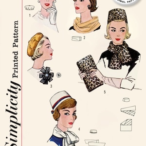 May include: A vintage sewing pattern for four different hat styles. The pattern includes instructions for a beret, a cloche hat, a pillbox hat, and a turban. The pattern is printed on white paper with black ink and features illustrations of women wearing the hats.