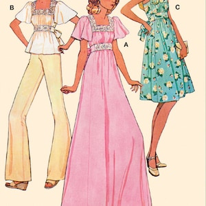 May include: Vintage 70's sewing pattern for three different dresses. The pattern includes a long pink dress, a short floral dress, and a white top with matching trousers. Listing is for sewing pattern only.