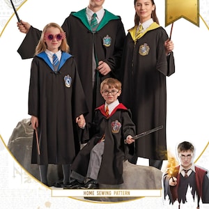 May include: A sewing pattern for four Hogwarts robes. The robes are black with different colored accents and house crests. The pattern includes instructions for making the robes for adults and children.