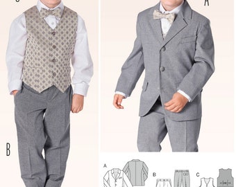 May include: A sewing pattern for a boy's suit. The pattern includes a jacket, pants, and vest. The jacket is gray and has a single button closure. The pants are gray and have a straight leg. The vest is beige with a pattern of small diamonds. The pattern is labeled with letters A, B, and C.