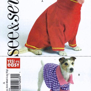 Può includere: Modello di cucito per un maglione e una camicia per cani. Il modello include istruzioni per realizzare un maglione rosso con bordino giallo e una camicia a quadri viola e bianchi con bordino rosa.