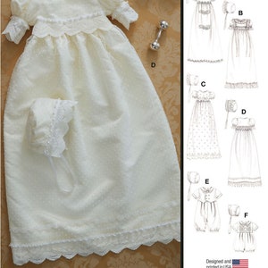 May include: A sewing pattern for a baby christening gown and bonnet. The pattern includes six different styles, with variations in the neckline, sleeves, and skirt. The pattern is designed and printed in the USA.