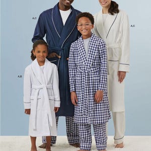May include: A family in matching robes and pyjamas. The robes are navy, white, and a blue and white checked pattern. The pyjamas are a blue and white checked pattern. The text at the bottom says "Listing is for sewing pattern only."