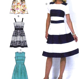 May include: Sewing pattern for four different styles of dresses. The pattern includes a floral print dress, a black and white polka dot dress, a solid teal dress, and a striped dress with a white and navy blue pattern.