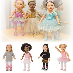 May include: Sewing pattern for making doll clothes. The pattern includes designs for a variety of outfits, including a pink tutu, a blue tutu, a grey sweater, a pink leotard, a leopard print skirt, and a pink ballerina dress.