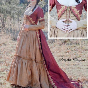 Peut inclure: Robe historique bordeaux et beige. La robe présente un corsage ajusté avec des bordures dorées, des manches longues et une jupe ample. Une traîne bordeaux avec des bordures dorées drape le dos. Le texte "Listing is for sewing pattern only" est en bas.