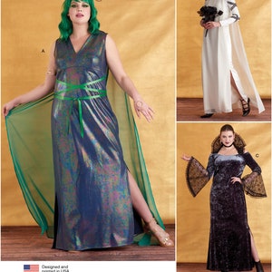 May include: Sewing pattern for three different costumes: a green and iridescent goddess gown with a snake headpiece, a white gown with a black rose bouquet, and a black velvet gown with lace sleeves.