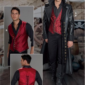 May include: A sewing pattern for a costume featuring a long black coat with a high collar, a red waistcoat with double-breasted buttons, and a black shirt. The waistcoat includes a lace-up back closure. The pattern is labelled with the letters A and B.