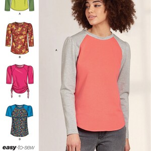 Puede incluir: Un patrón de costura para una camisa de manga larga con un diseño de color bloqueado. El patrón incluye cuatro variaciones diferentes: una camisa verde sólida, una camisa de estampado floral, una camisa rosa con cintura fruncida y una camisa de estampado azul y blanco. El patrón está diseñado e impreso en los Estados Unidos. La lista es solo para el patrón de costura.