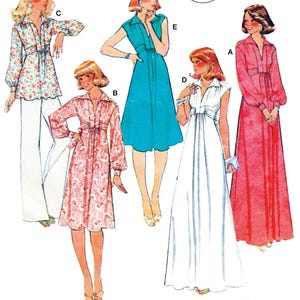May include: A vintage 70s sewing pattern illustration featuring five garment variations labeled A through E. The designs include long-sleeved and sleeveless dresses and a tunic with pants, showcasing various floral and solid color fabric options.