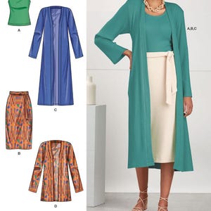 Op de afbeelding: Naai-patroon voor een lange cardigan, een tanktop en een rok. Het patroon bevat instructies voor het maken van alle drie kledingstukken. Het patroon is ontworpen en gedrukt in de VS.