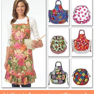 May include: A sewing pattern for making six different styles of aprons. The aprons feature a variety of colors and patterns, including floral, polka dot, and geometric designs. The pattern includes instructions for making each apron style.