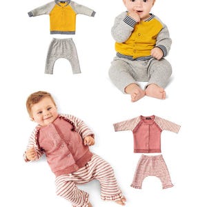 May include: Baby clothing set with a yellow and gray cardigan and gray pants. Another set features a pink cardigan and striped pants. The image includes a baby wearing the yellow and gray set. The text at the bottom says "Listing is for sewing pattern only."
