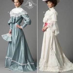 May include: Two vintage dresses are displayed. One is a light blue satin gown with a white lace trim and a matching fan. The other is a white gown with a pink sash and a floral hat. The image includes the text: "Listing is for sewing pattern only."
