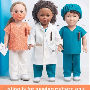 VÊTEMENTS POUR POUPÉES PATRON | Coudre des vêtements pour poupée de 18 pouces | Convient à une fille américaine | Médecin infirmière tenue blouse de laboratoire gommage bonnet de masque facial 9367