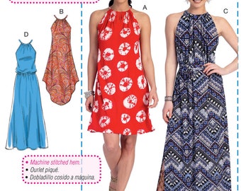 May include: Sewing pattern for a halter dress with a drawstring casing. The pattern includes three different styles of dresses: a short red dress with white polka dots, a long blue dress with a geometric pattern, and a long floral print dress. The pattern is labeled "M7405" and includes instructions for making a casing with a drawstring.