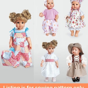 May include: Sewing pattern for making doll clothes. The pattern includes five different outfits for dolls, including a dress with a floral print, a pair of dungarees, a white dress with a pink sash, a pink shirt and trousers, and a brown dress with a white blouse.