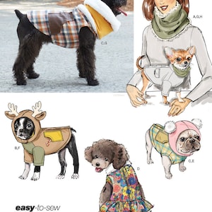May include: Sewing pattern for five different dog clothes. The patterns include a plaid jacket with a brown leather patch, a deer costume, a floral dress, a plaid jacket with a pink hood, and a gray vest with a hood.