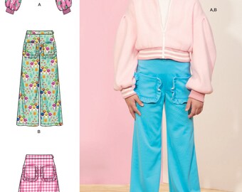 May include: A sewing pattern for a pink and white bomber jacket, a pair of blue pants with ruffle pockets, and a pink and white gingham skirt. The pattern is designed and printed in the USA.