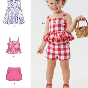 May include: A child in a red and white gingham outfit, holding a basket of blueberries. The image also shows sewing pattern illustrations of a floral dress, a pink top, and pink shorts. The text "easy-to-sew" is at the top.