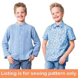 May include: Two young people wearing different shirts. One is wearing a light blue long-sleeve shirt with a mandarin collar. The other is wearing a short-sleeve blue shirt with a white and gold pattern. The text at the bottom says "Listing is for sewing pattern only."