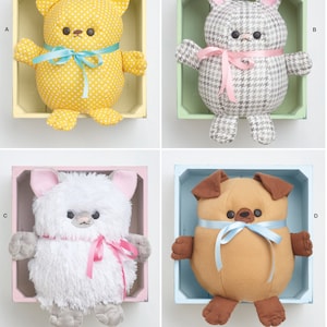 May include: Four plush toy sewing patterns: a yellow bear with polka dots, a gray bunny with a houndstooth pattern, a white fluffy cat, and a brown dog.  Listing is for sewing pattern only.