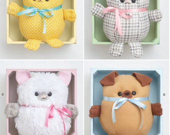 May include: Four plush toy sewing patterns: a yellow bear with polka dots, a gray bunny with a houndstooth pattern, a white fluffy cat, and a brown dog.  Listing is for sewing pattern only.
