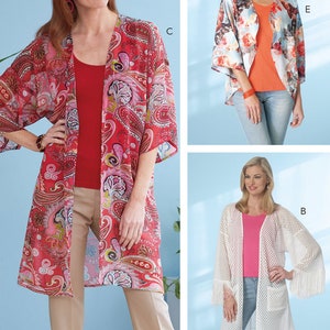 May include: A sewing pattern for three different styles of long cardigans. The first cardigan is red with a paisley print, the second is blue with a floral print, and the third is white with a crocheted design.