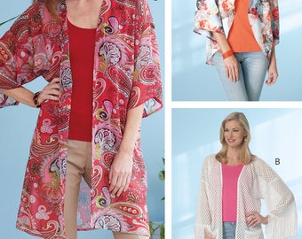 May include: A sewing pattern for three different styles of long cardigans. The first cardigan is red with a paisley print, the second is blue with a floral print, and the third is white with a crocheted design.