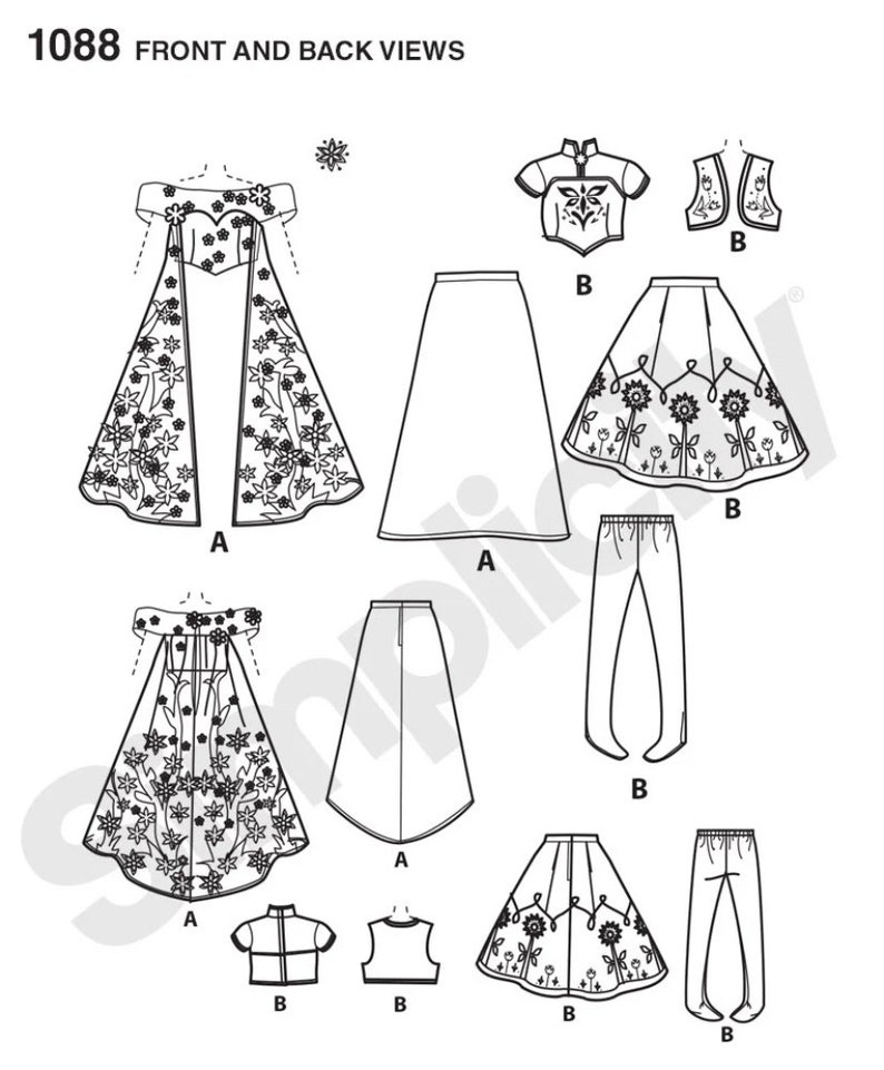 May include: A sewing pattern for a dress with a cape, skirt, and pants. The pattern includes instructions for making a top, vest, and leggings. The pattern is for size 1088.