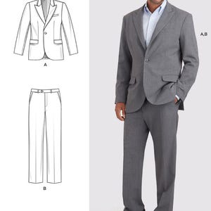 以下が含まれることがあります： スーツジャケットとパンツの裁縫パターンです。パターンには、ジャケットとパンツの両方の指示が含まれています。パターンは、ノッチラペル付きのシングルブレストジャケット用です。パンツはフラットフロントで、ジッパーフライが付いています。