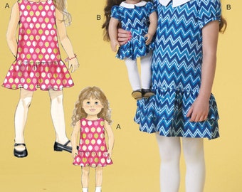 Drop Waist DRESS SEWING PATTERN | Make Matching Girls & 18 Inch Doll Clothes | Kids Clothing | Size 2 3 4 5 6 7 8 | Fits American Girl 7233