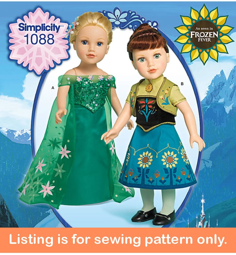 May include: Simplicity sewing pattern number 1088 for making Frozen Fever costumes for dolls. The pattern includes instructions for making a green dress with a cape and a blue dress with a vest.