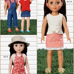 Puede incluir: Un patrón de costura para hacer ropa de muñeca. El patrón incluye instrucciones para hacer una variedad de atuendos, incluyendo un vestido de mezclilla con peto, una camiseta roja con un lazo, una blusa blanca sin mangas con un lazo, una falda rosa con encaje y un vestido de mezclilla con peto floral.