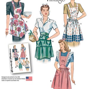 May include: Vintage 1940s sewing pattern for four different apron styles. The pattern includes instructions for making a floral print apron, a green and white striped apron, a red and white gingham apron, and a red and white striped apron with a ruffle trim.