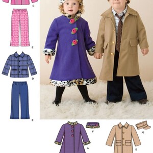 May include: A sewing pattern for children's outerwear and clothing, featuring illustrations of a purple coat with leopard print trim, a tan trench coat, a pink button-down shirt, plaid jackets, and trousers, alongside photos of children wearing the finished garments.