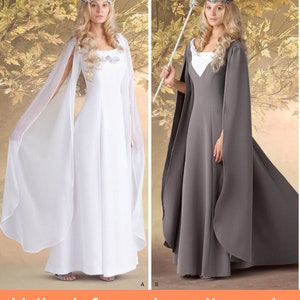 May include: A sewing pattern for a long, flowing gown with a cape. The pattern includes two versions: one in white and one in gray. The gown has a fitted bodice and a full skirt. The cape is long and flowing, with a scalloped edge.