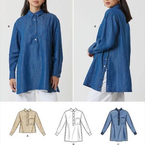 Puede incluir: Una camisa de mezclilla de manga larga con botones en la parte delantera y cuello. La camisa tiene un bolsillo en el pecho. La imagen también muestra diagramas de patrones de costura de la camisa en diferentes colores y estilos. El texto en la parte inferior dice "Listing is for sewing pattern only."