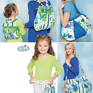 Peut inclure: Patron de couture pour cinq sacs différents dans un imprimé floral bleu, vert et blanc. Les sacs comprennent un sac fourre-tout, un sac bandoulière, un sac à dos et deux petits sacs. Le patron s'appelle "Sew Spoiled".