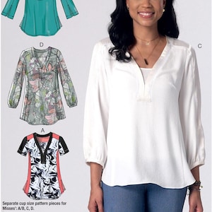 May include: Image of a woman wearing a white blouse with a V-neck. The image also shows sewing pattern diagrams of blouses in teal, floral, and black and white designs. Text on the image reads: "Listing is for sewing pattern only."