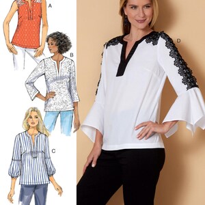 May include: Sewing pattern for a women's blouse with three different sleeve styles. The first style is sleeveless, the second has a 3/4 sleeve with lace detail, and the third has a bell sleeve with lace detail. The pattern includes instructions for making all three styles.