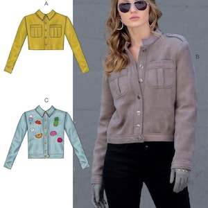 May include: The image shows a woman in a gray jacket with two front pockets and a button closure, paired with black trousers. The image also displays three jacket designs: a yellow cropped jacket, a gray jacket, and a denim jacket with patches.