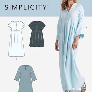 May include: A Simplicity sewing pattern showing a light blue dress with long sleeves and a button-down front. The image also displays three dress variations in white, dark grey, and light blue. The text "SIMPLICITY" is at the top, and "Listing is for sewing pattern only" at the bottom.