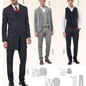 Puede incluir: Un patrón de costura para un traje de tres piezas. El patrón incluye una chaqueta, un chaleco y pantalones. El patrón se muestra en tres maniquíes que llevan el traje terminado en diferentes colores. El patrón es para las tallas A, B, C y D.